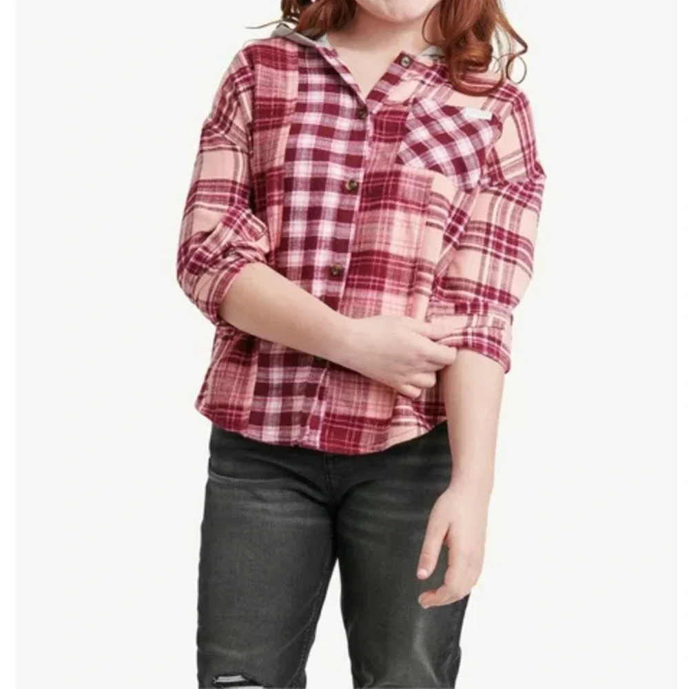 Justice Girls Long Sleeve Pink and Maroon Plaid Flannel With Hood NWT